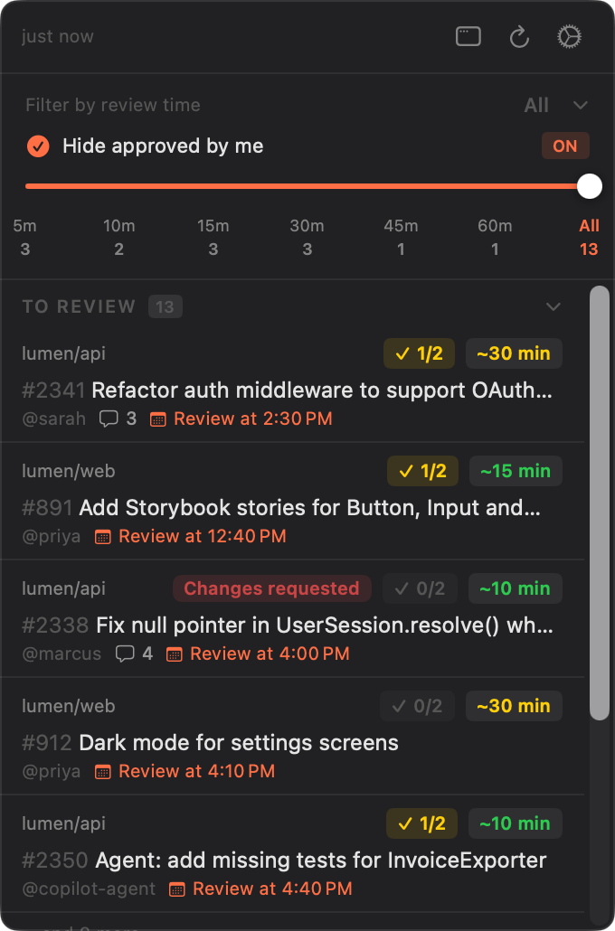 Mergable's menu bar popup: a review-time slider, pull requests to review with estimates and approvals, and a scheduled review time